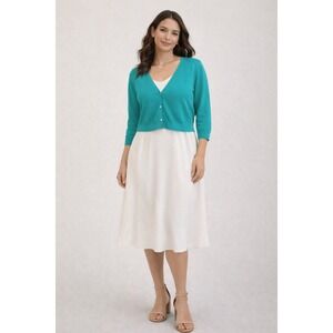 Lands End Teal Blue 100% Supima Cotton V-Neck Crop Cardigan XL Petite